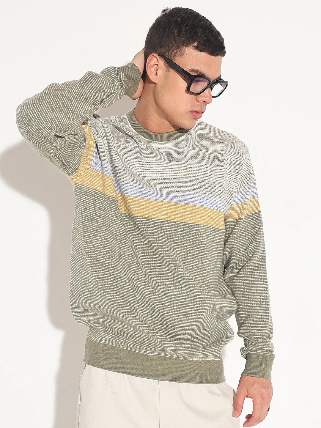 Men's Striped Green Ribbed Round Neck Sweater Stain Release Coating Reflective Yarn Accent