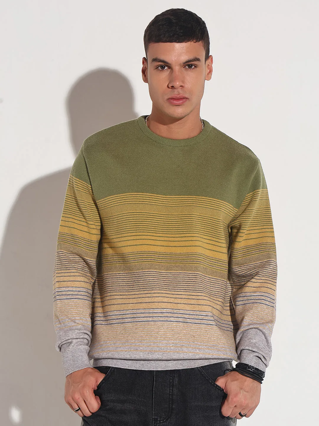 Winter Outfit Men's Striped Green Ribbed Round Neck Sweater