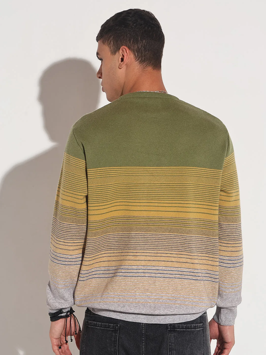 FadeResistant Color Men's Striped Green Ribbed Round Neck Sweater