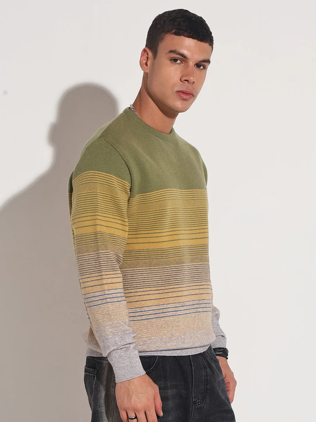 Men's Striped Green Ribbed Round Neck Sweater Cold Weather