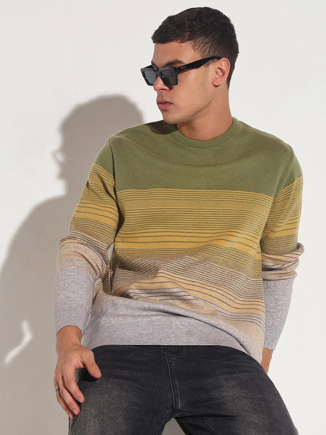 Men's Striped Green Ribbed Round Neck Sweater Autumn Layer