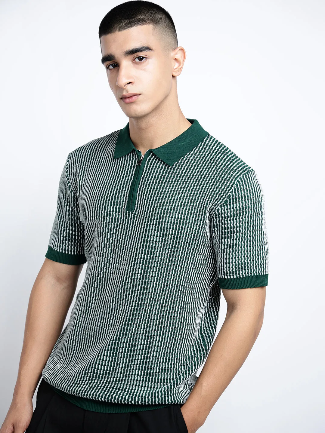Men's Striped Green Short Sleeves Polo Collar Regular Fit T-Shirt with Zip Details MachineWashable