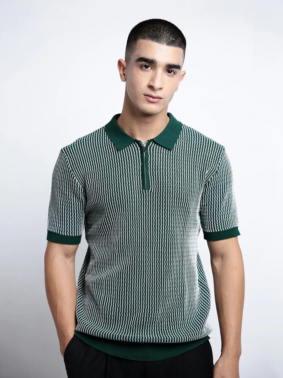 Men's Striped Green Short Sleeves Polo Collar Regular Fit T-Shirt with Zip Details MultiPanelCut AbrasionFree Edging