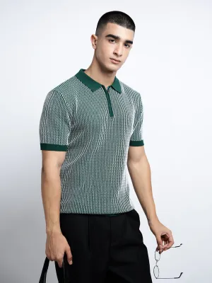 Men's Striped Green Short Sleeves Polo Collar Regular Fit T-Shirt with Zip Details SeamlessFit Smooth Edge Binding
