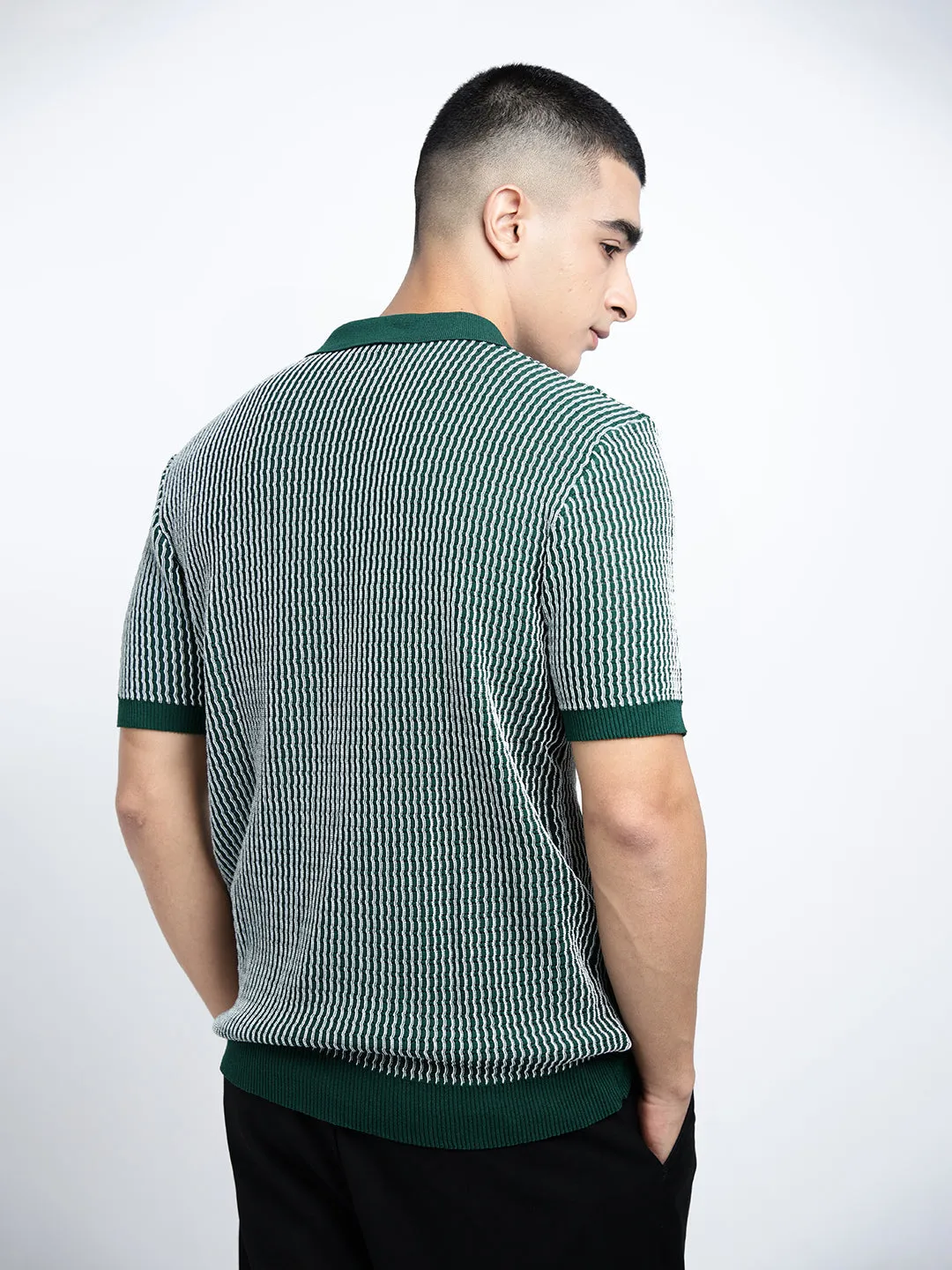 SoftTouch Texture Men's Striped Green Short Sleeves Polo Collar Regular Fit T-Shirt with Zip Details