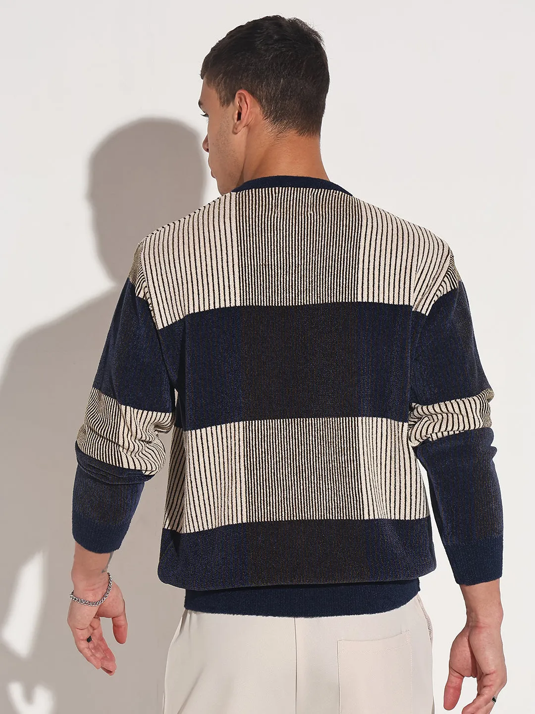 Men's Striped Navy Blue Ribbed Round Neck Sweater Eco Friendly Dye