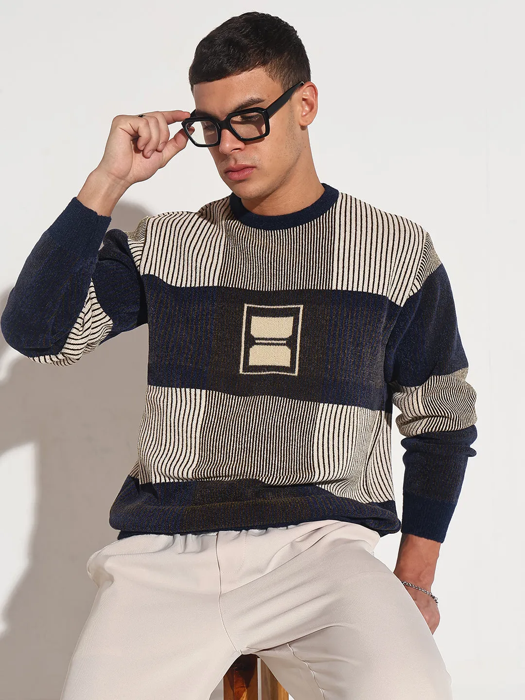 Garment Shaping Panels Men's Striped Navy Blue Ribbed Round Neck Sweater