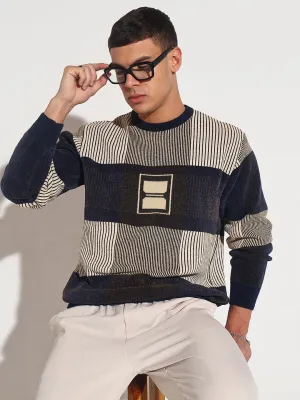 Garment Shaping Panels Men's Striped Navy Blue Ribbed Round Neck Sweater