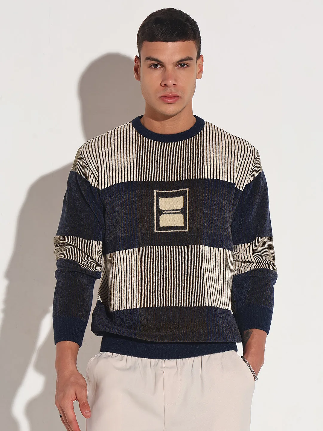 Men's Striped Navy Blue Ribbed Round Neck Sweater Hypoallergenic Fiber Travel Ready