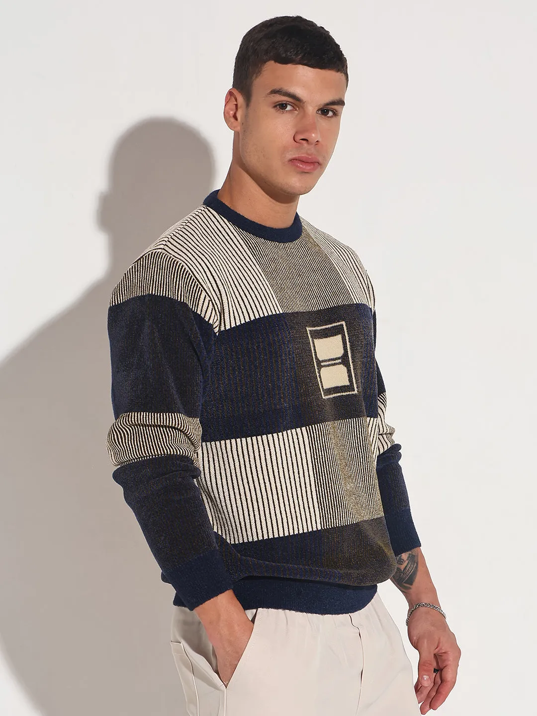 KnitCuff Reinforcements Textured Weave Men's Striped Navy Blue Ribbed Round Neck Sweater