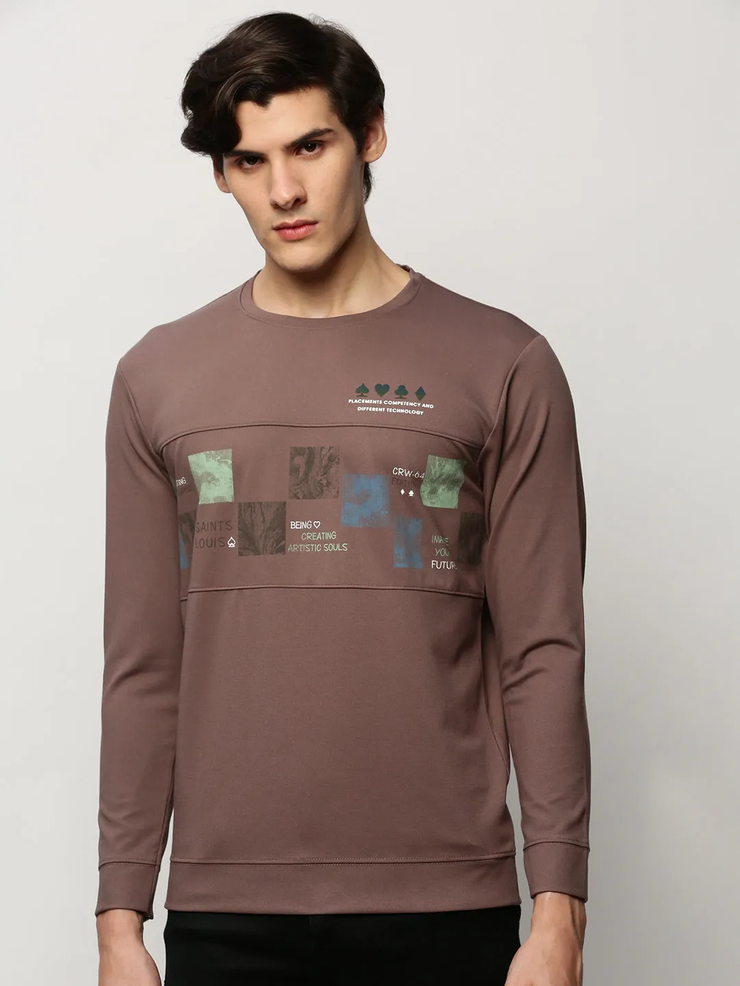 Essential Wear Light Jacket Men's Taupe Graphic Printed Cotton Sweatshirt