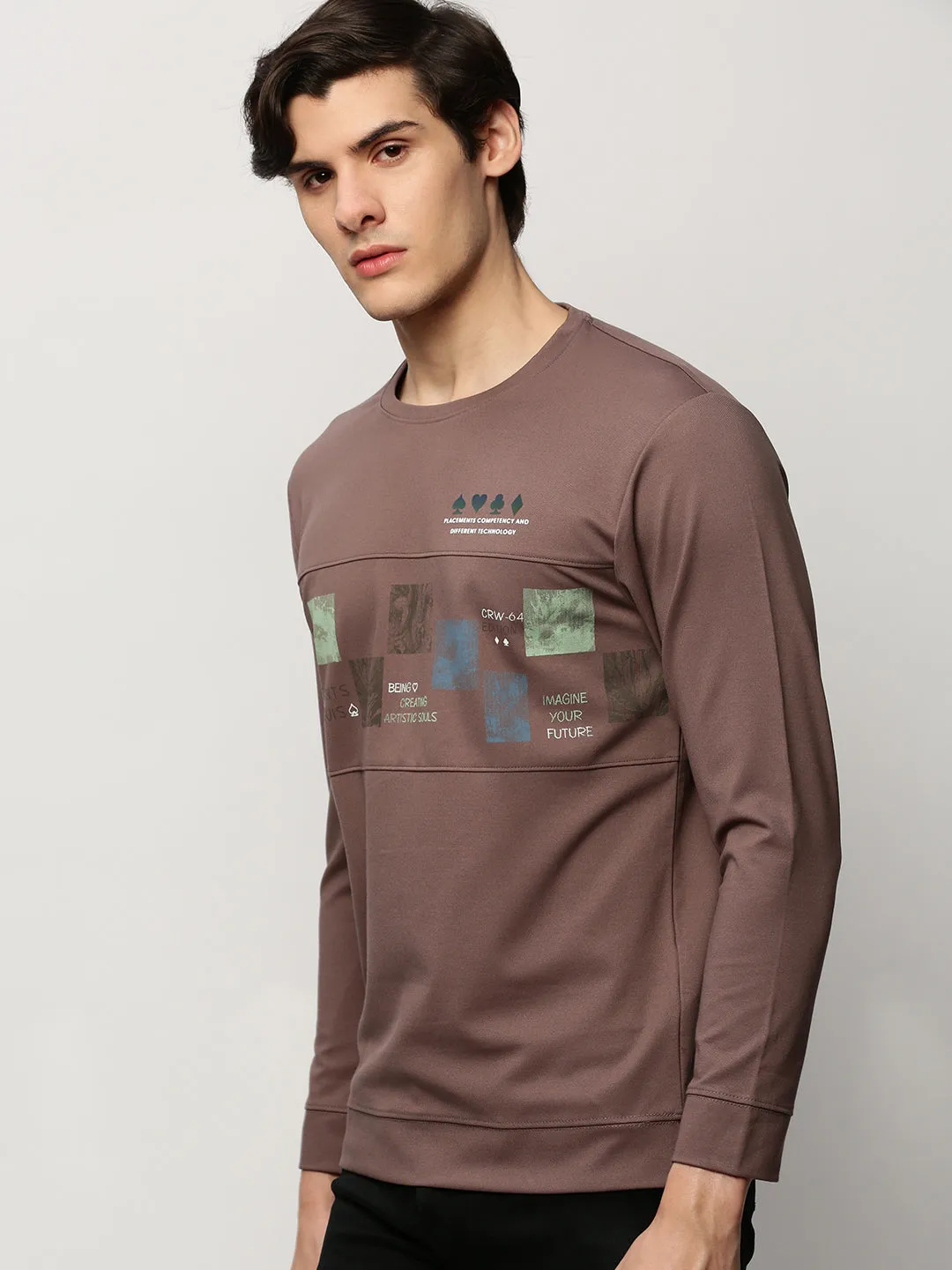 Men's Taupe Graphic Printed Cotton Sweatshirt Indoor Wear