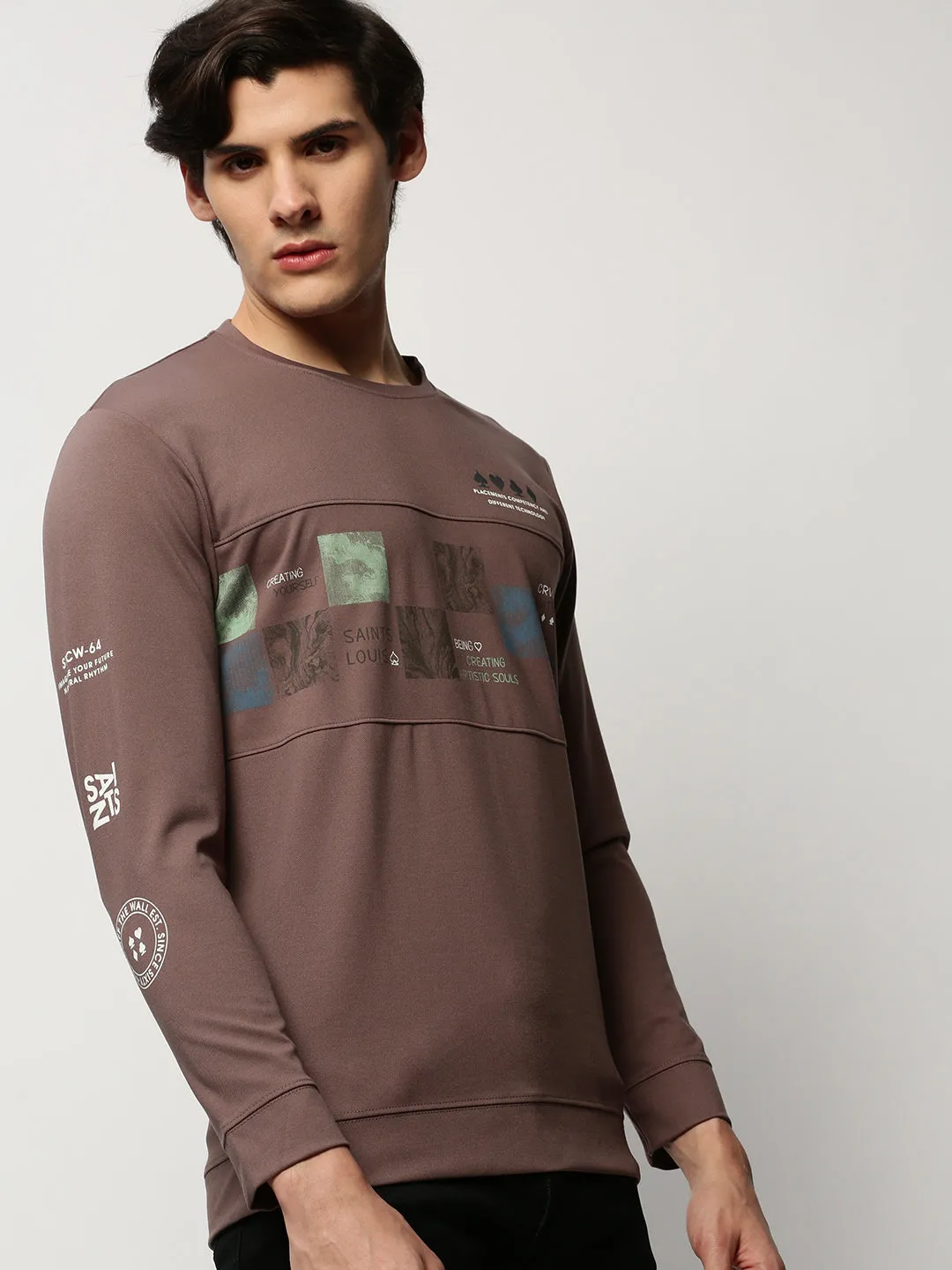 Men's Taupe Graphic Printed Cotton Sweatshirt dry cleanable Layer Active
