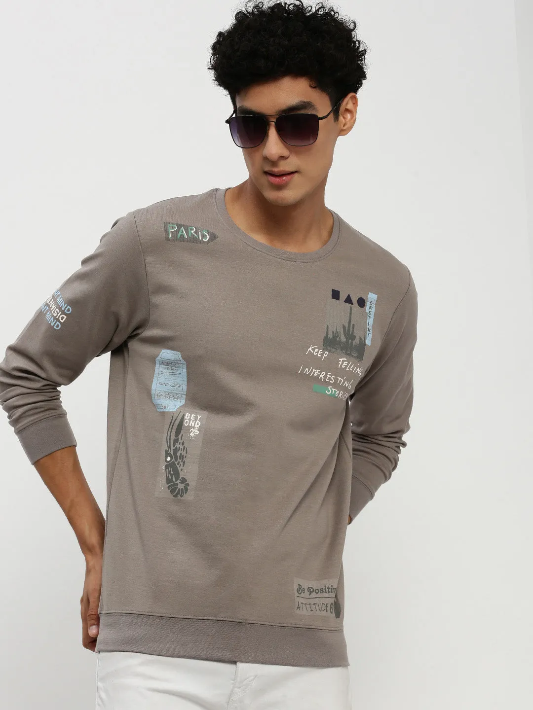 product weekday wear practicality product beach relaxation vibe Men's Taupe Printed Round Neck Sweatshirt