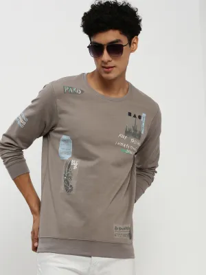 product weekday wear practicality product beach relaxation vibe Men's Taupe Printed Round Neck Sweatshirt