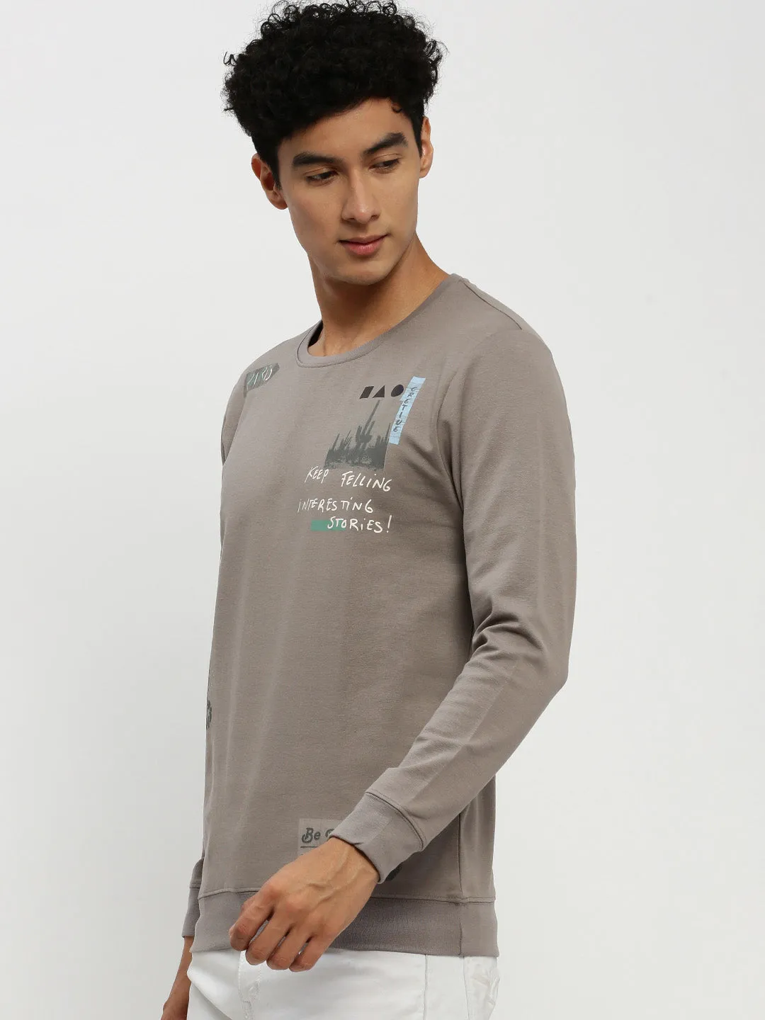 right for beach trips Casual Layer Men's Taupe Printed Round Neck Sweatshirt