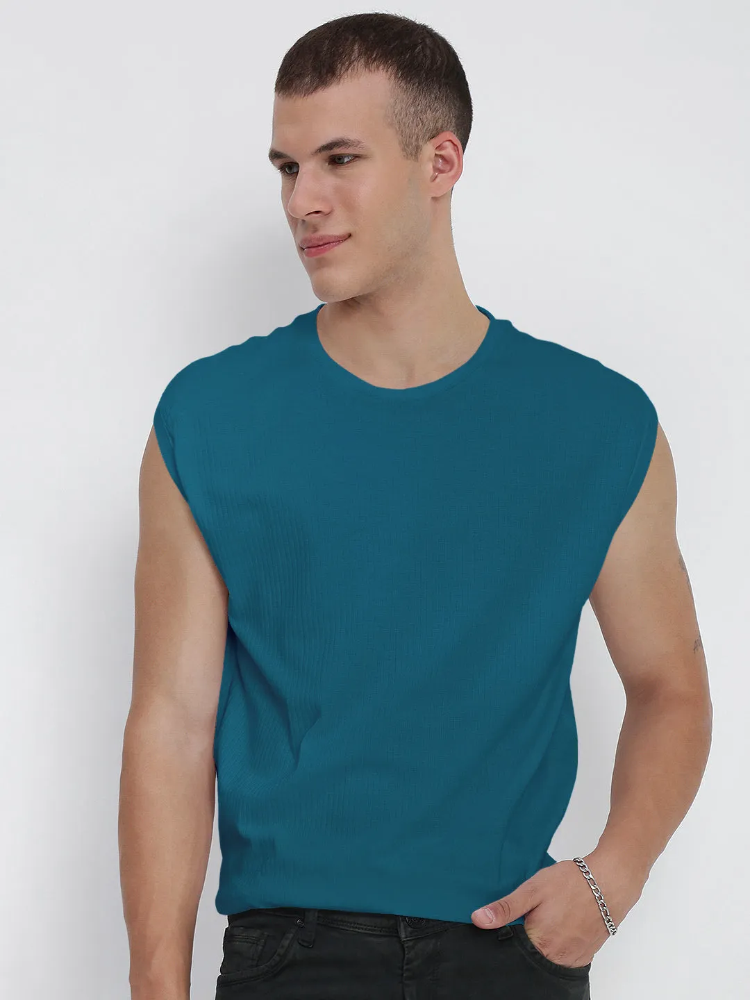 Men's Teal Round Neck Regular Fit Sleeveless T-Shirt StaticResistantLining Casual Sweater
