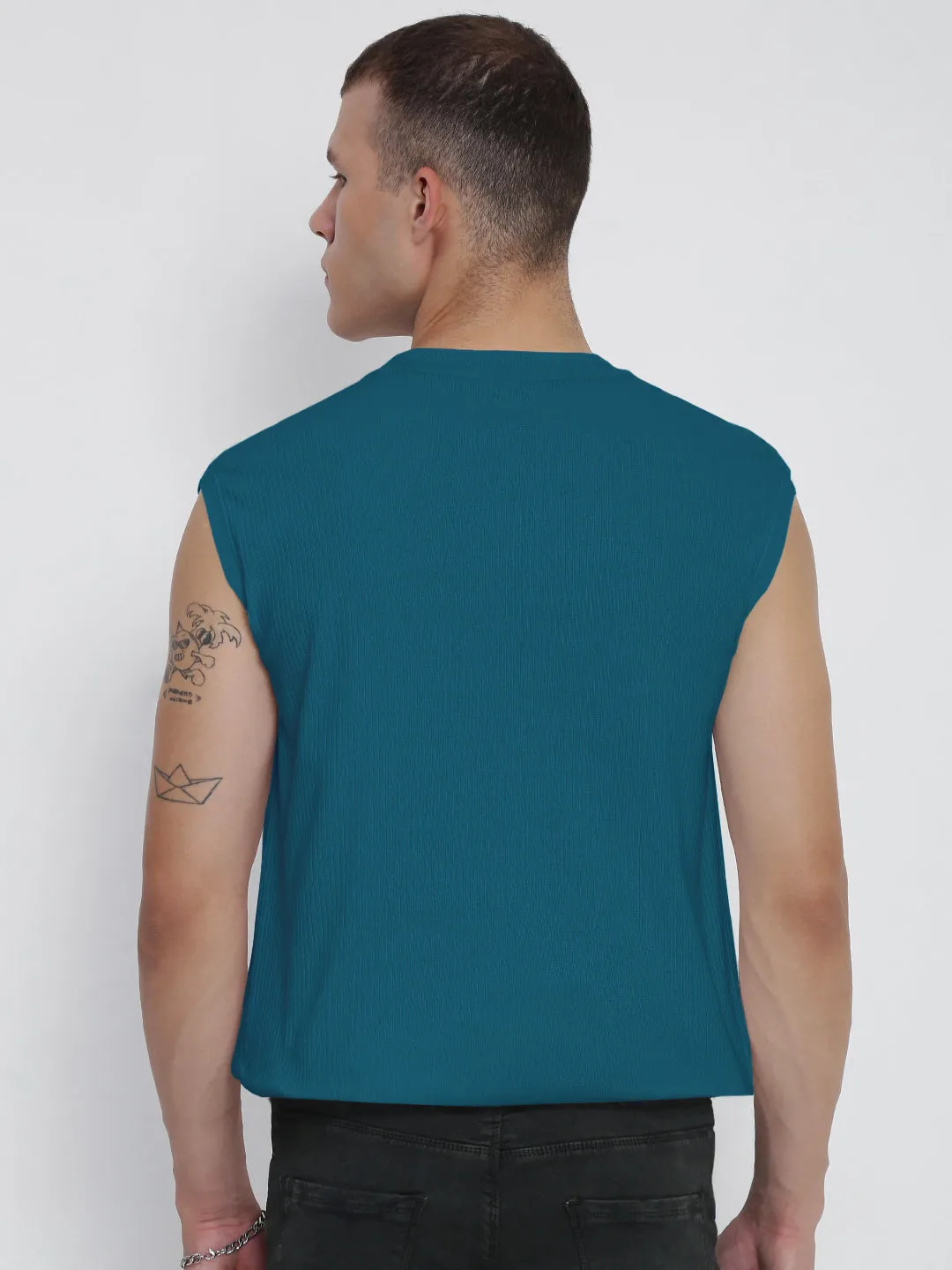 casual top Cool Sweater Men's Teal Round Neck Regular Fit Sleeveless T-Shirt
