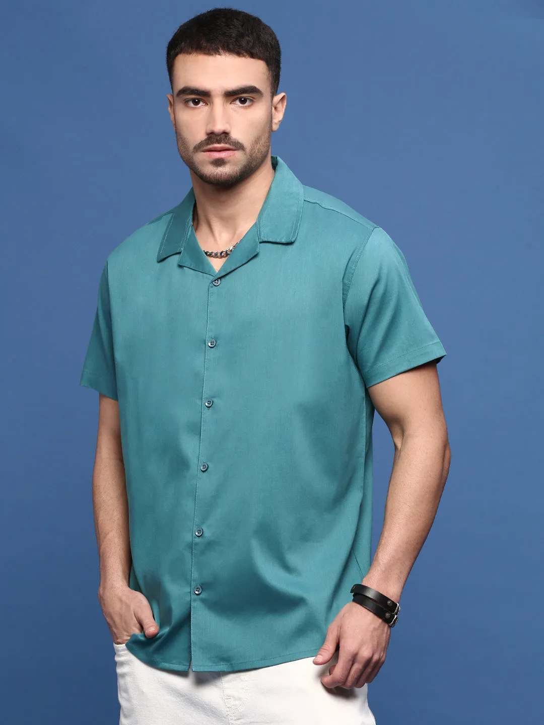 Men's Teal Standard Opaque Casual Shirt AbrasionResistantFabric Dance Light