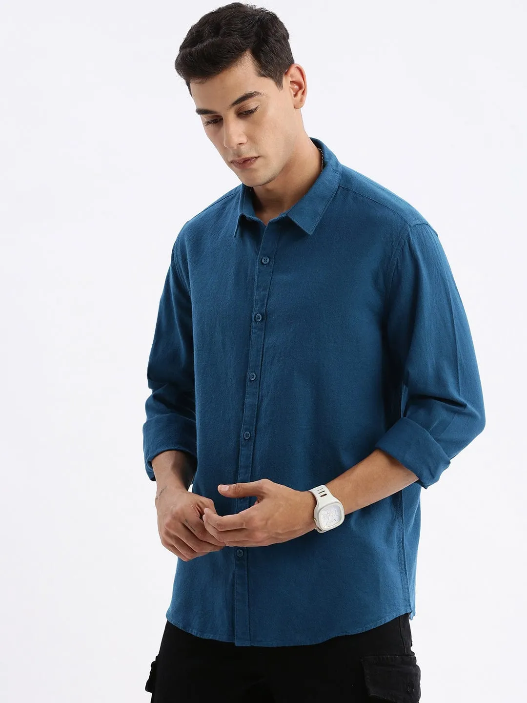 Men's Teal Standard Slim Fit Cotton Casual Shirt Reinforced Hem Comfortable Tunic