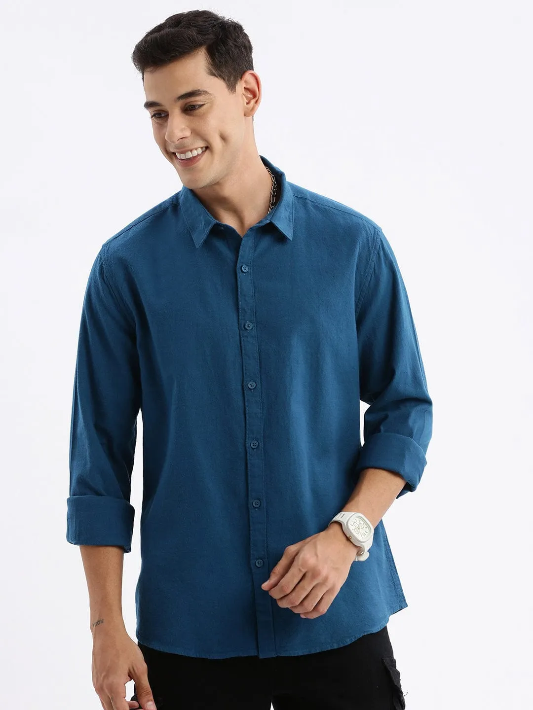 Men's Teal Standard Slim Fit Cotton Casual Shirt Minimalist Style