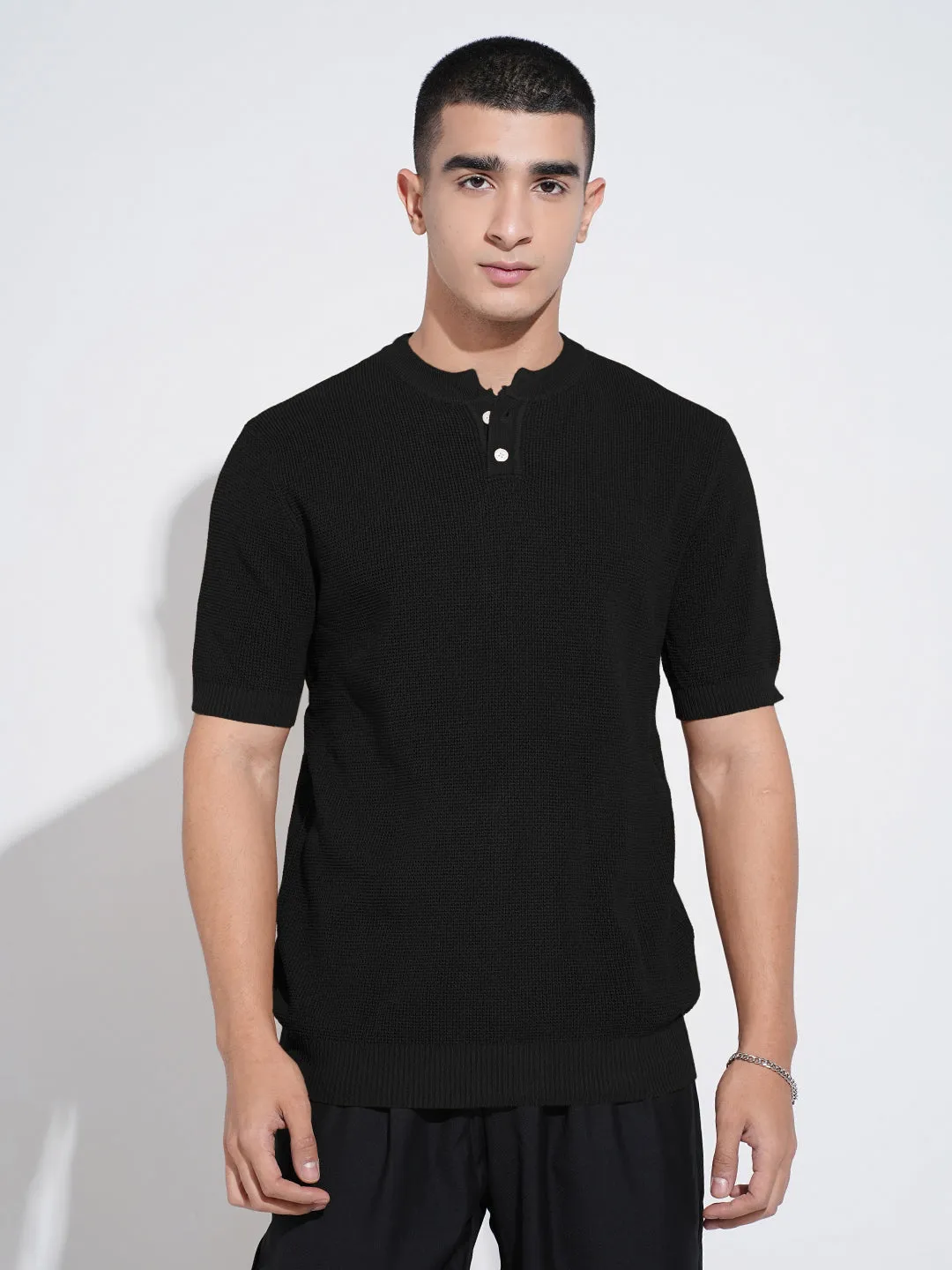 Brave Mode Men??s Textured Black Knitted Short Sleeve Henley T-Shirt