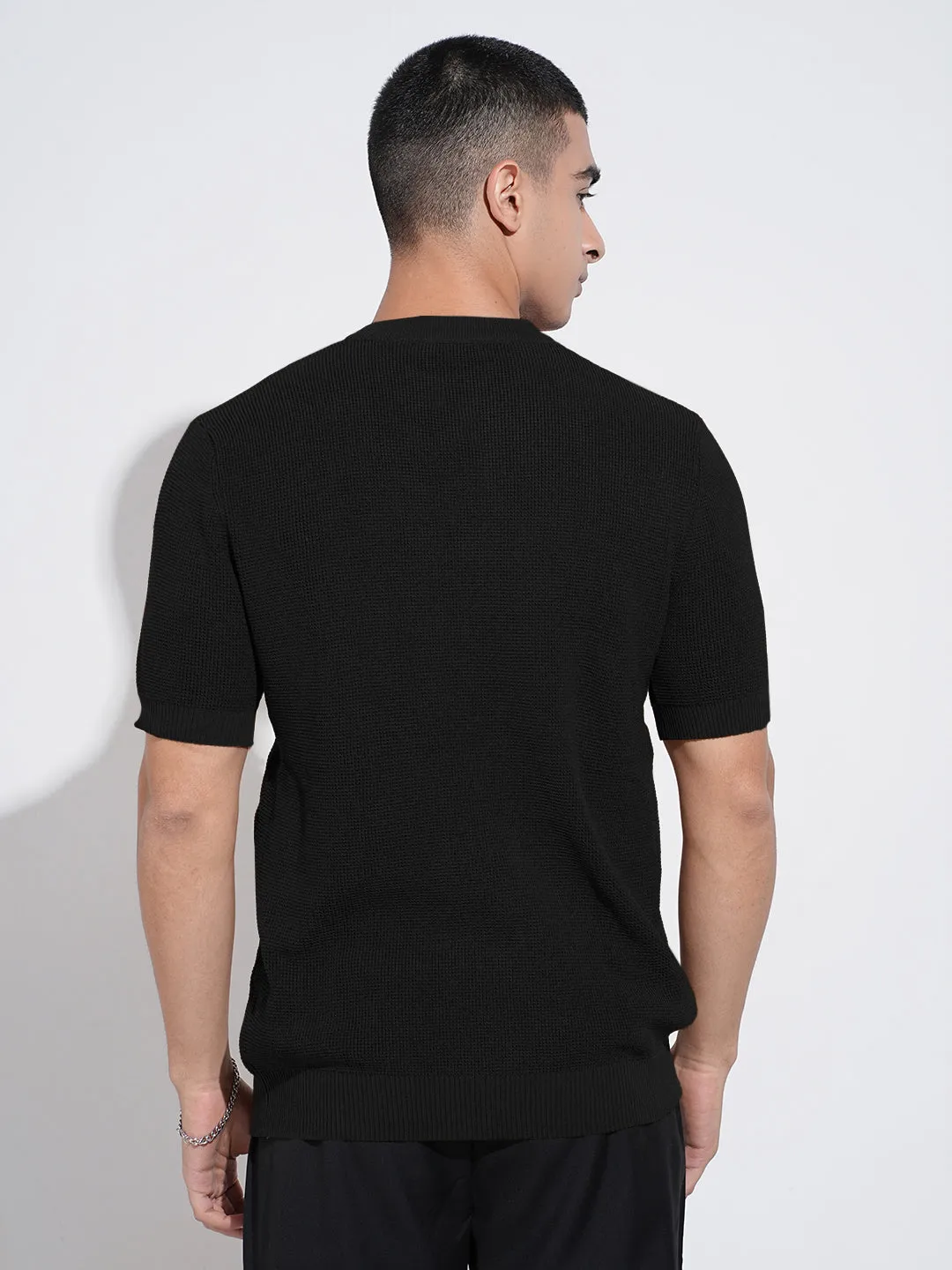 TemperatureRegulatingLining FadeResistantColors Men??s Textured Black Knitted Short Sleeve Henley T-Shirt