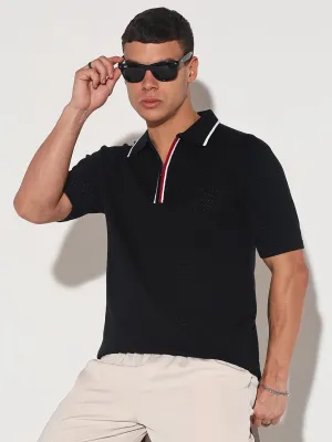 Men??s Textured Black Short Sleeve Polo T-Shirt with Contrast Zip Details Wave Core Zoom Proper