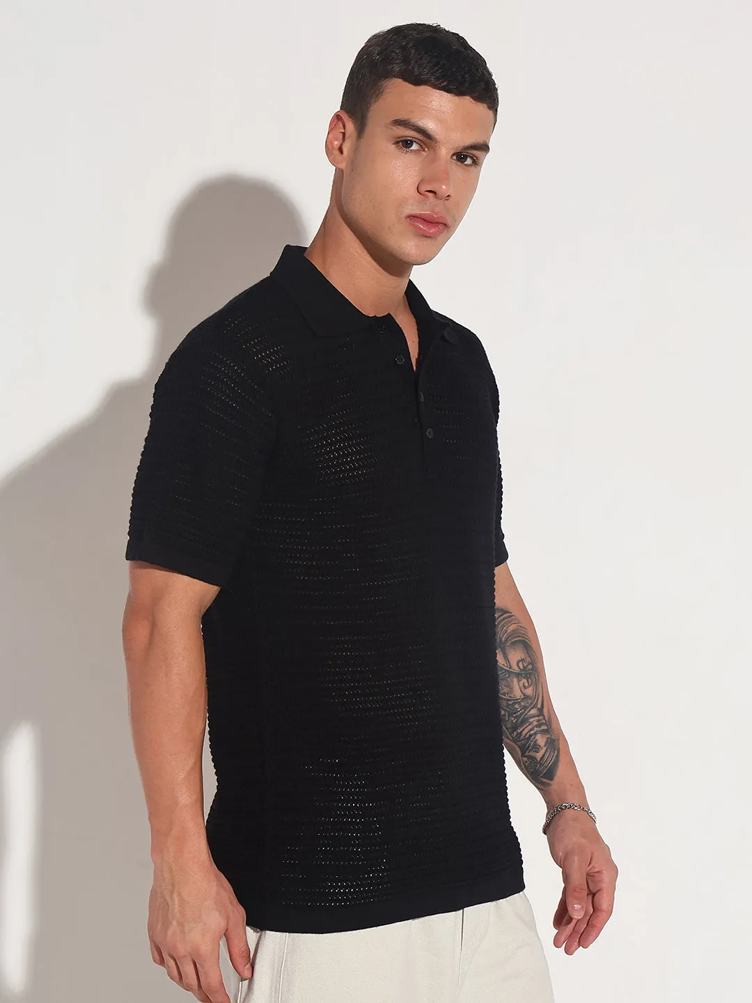 Winter Fashion Men??s Textured Black Short Sleeve Semi Sheer Polo T-Shirt