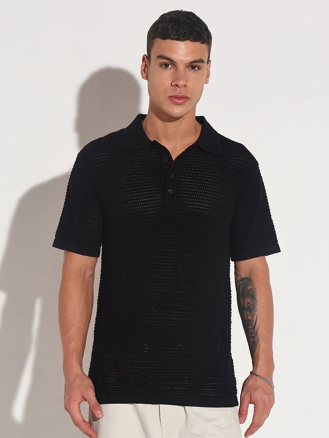 Lake Mood Flash Look Men??s Textured Black Short Sleeve Semi Sheer Polo T-Shirt