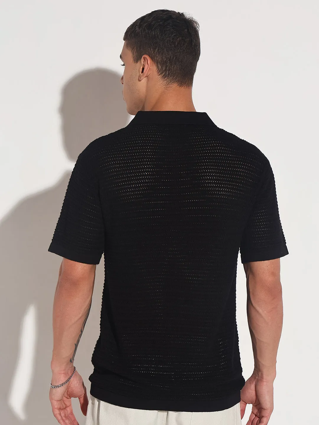 Conscious Core StainlessZippers Men??s Textured Black Short Sleeve Semi Sheer Polo T-Shirt
