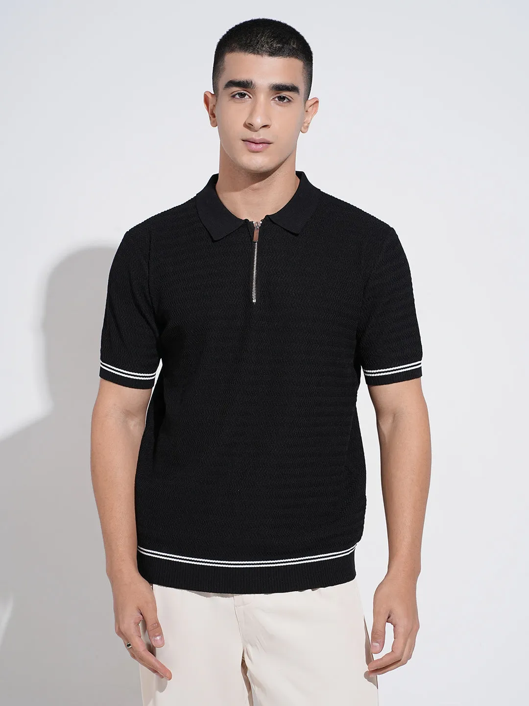 Men's Textured Black Short Sleeves Polo Collar Regular Fit T-Shirt Sporty Dress