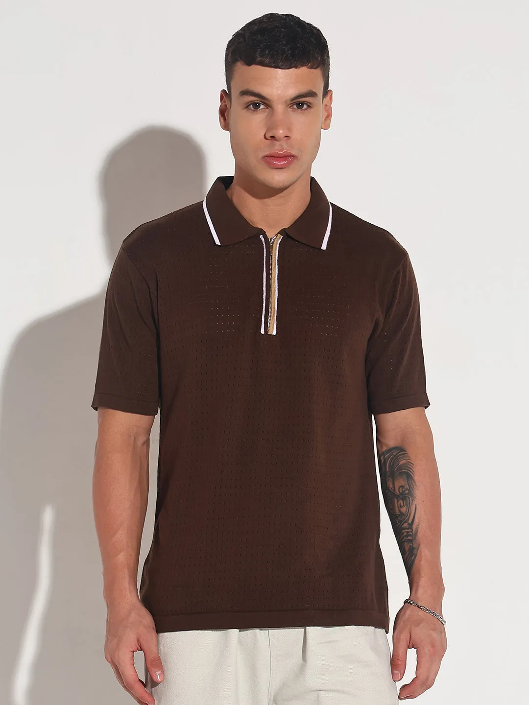 Train Ease Men??s Textured Brown Short Sleeve Polo T-Shirt with Contrast Zip Details