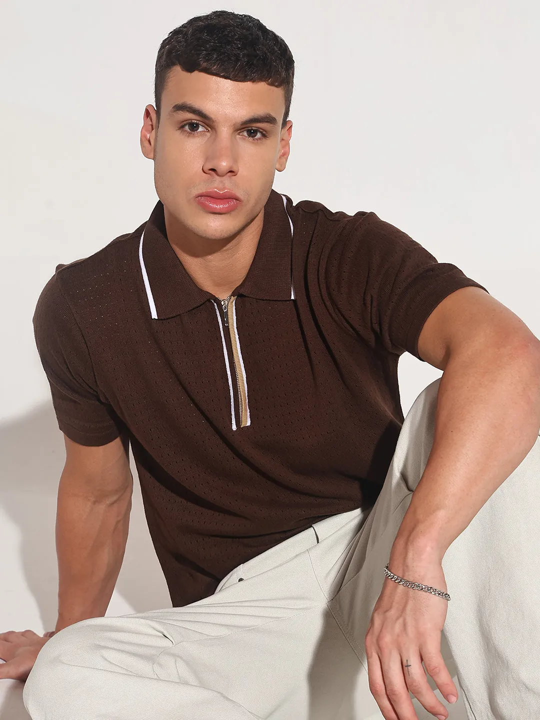 Men??s Textured Brown Short Sleeve Polo T-Shirt with Contrast Zip Details Soft Inner Lining Outdoor Jacket