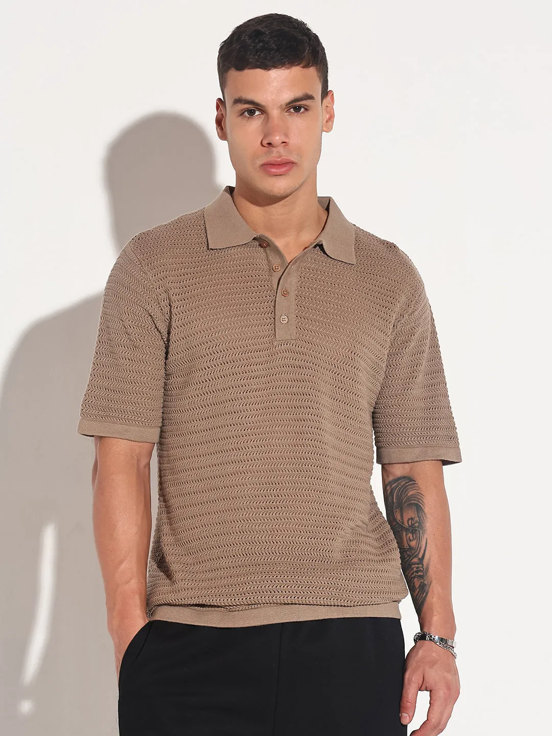 Athletic Hoodie Tencel Blend Fabric Men??s Textured Brown Short Sleeve Semi Sheer Polo T-Shirt