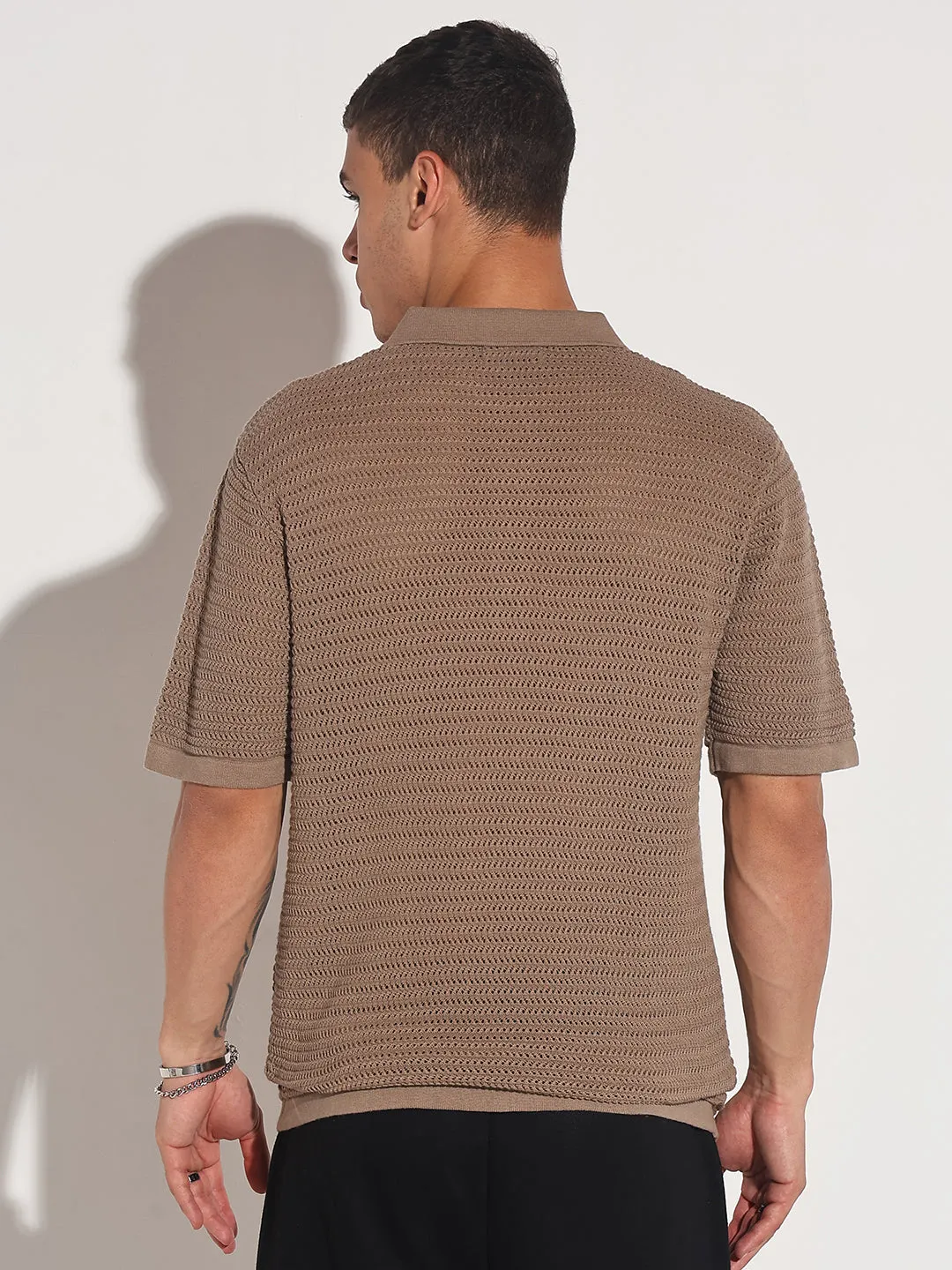 Camera Glow Men??s Textured Brown Short Sleeve Semi Sheer Polo T-Shirt