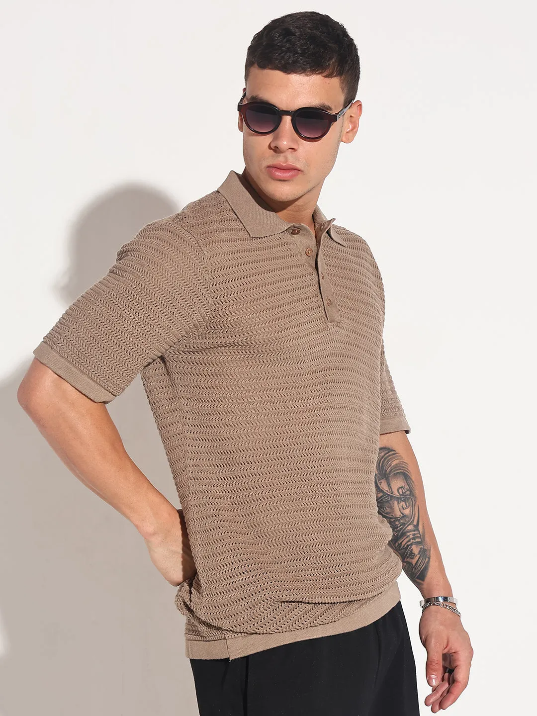 Lightweight Material Sun Beam Men??s Textured Brown Short Sleeve Semi Sheer Polo T-Shirt