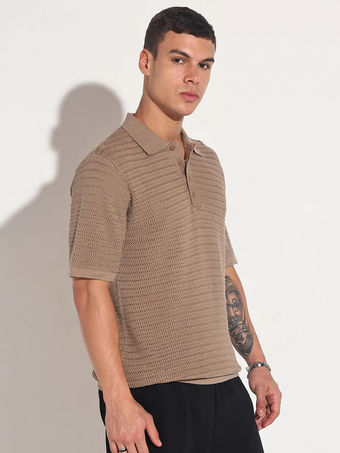 TagFreeDesign Brunch Fit Men??s Textured Brown Short Sleeve Semi Sheer Polo T-Shirt