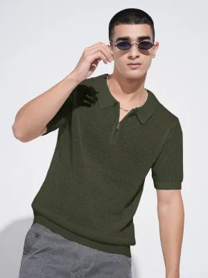 Men??s Textured Green Short Sleeve Semi Sheer Polo T-Shirt with Zipper  Detail Casual Style