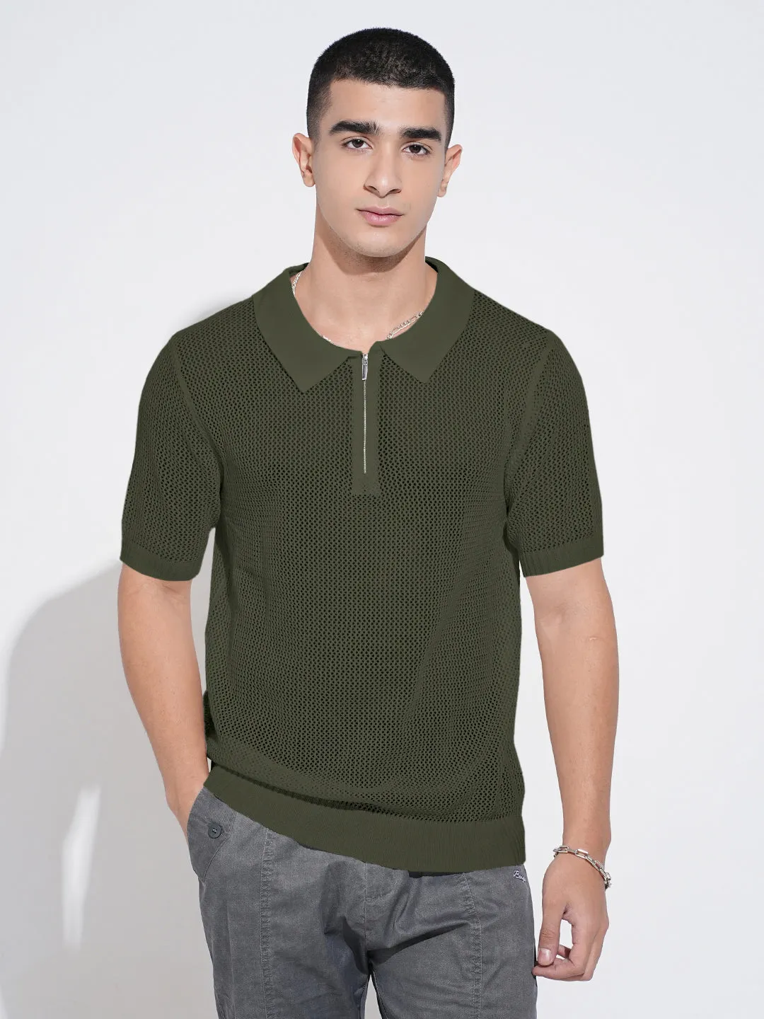 LightweightKnit Men??s Textured Green Short Sleeve Semi Sheer Polo T-Shirt with Zipper  Detail