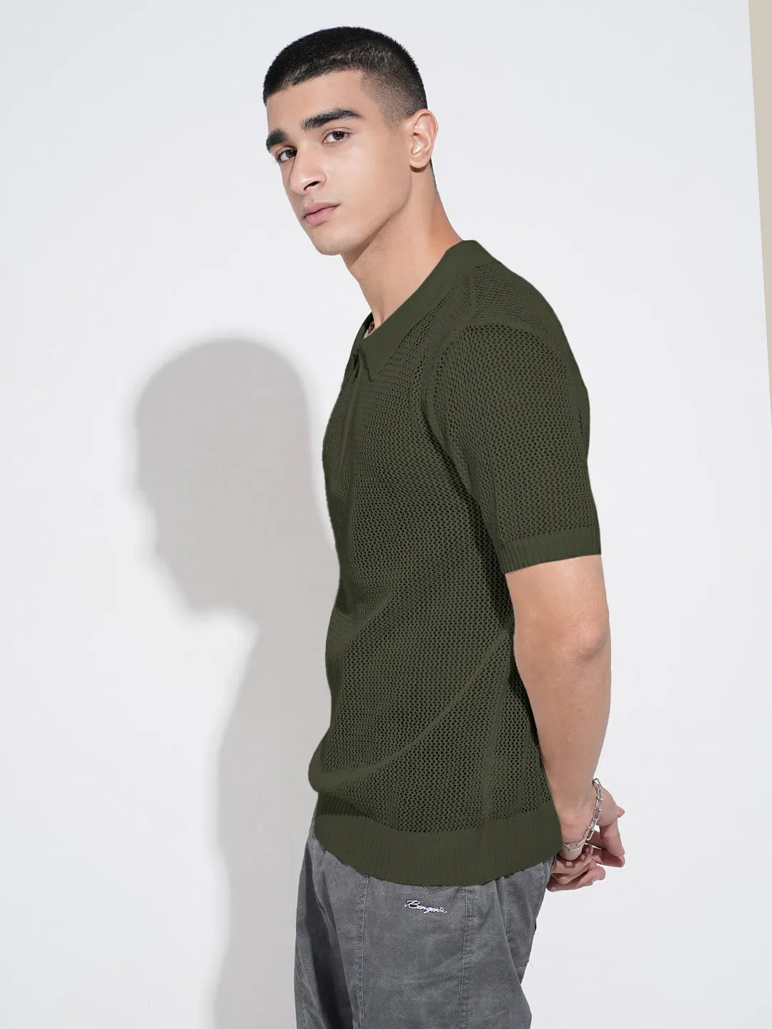 Rugged shoes Seasonal Style Men??s Textured Green Short Sleeve Semi Sheer Polo T-Shirt with Zipper  Detail