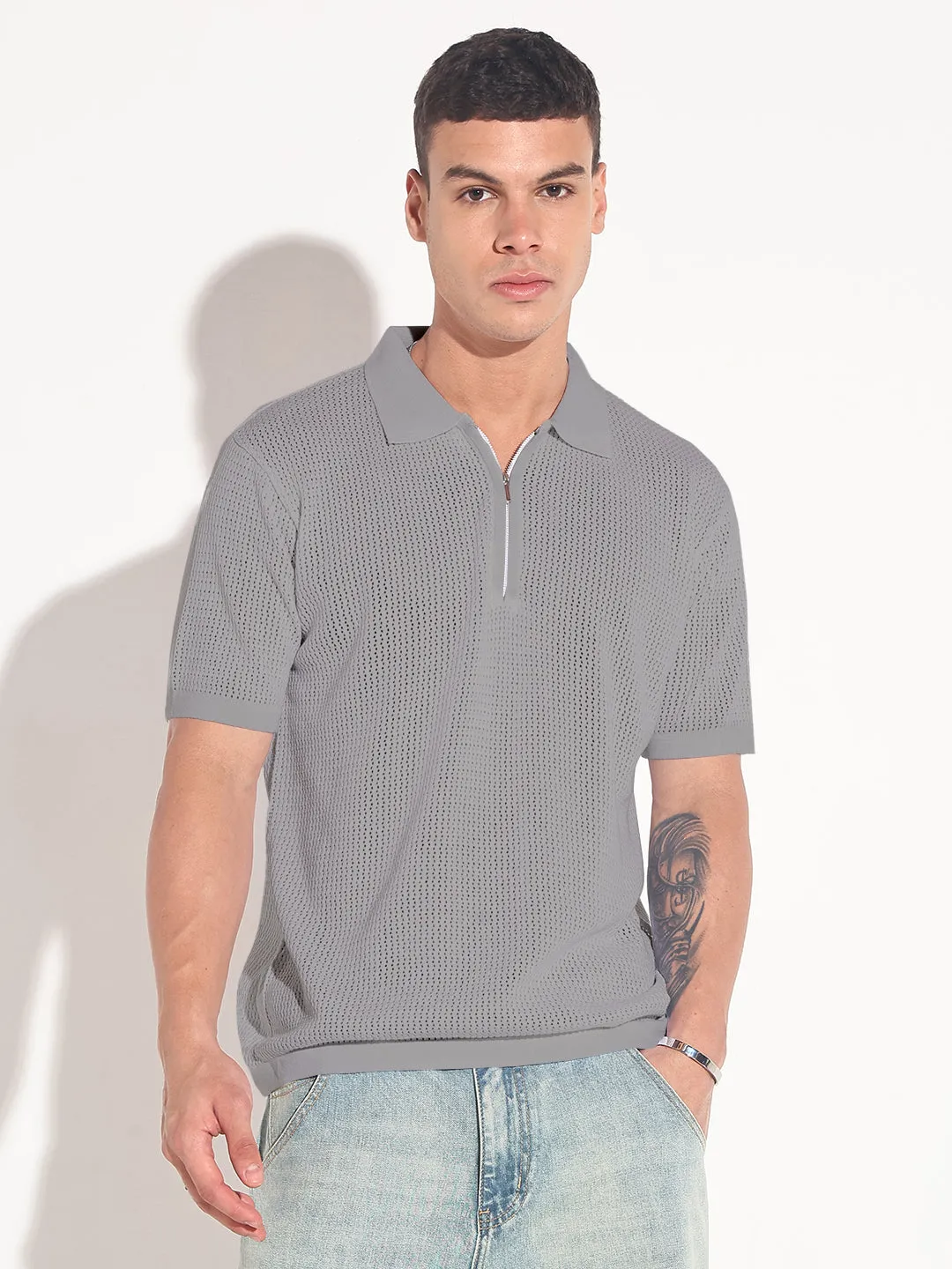 Leader Core Heavy Silk Men??s Textured Grey Short Sleeve Semi Sheer Polo T-Shirt with Zipper  Detail