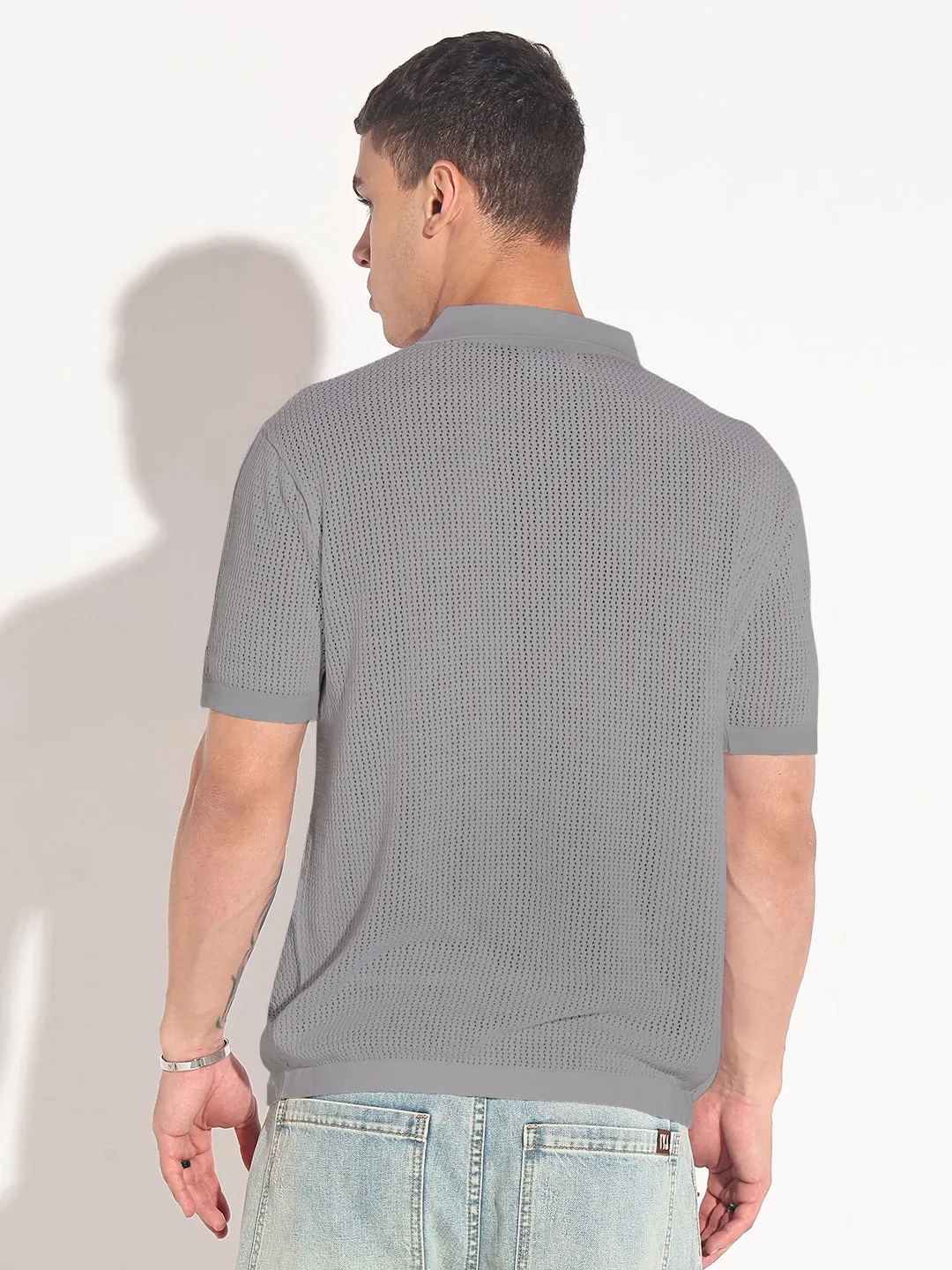 Men??s Textured Grey Short Sleeve Semi Sheer Polo T-Shirt with Zipper  Detail Joyful Mood