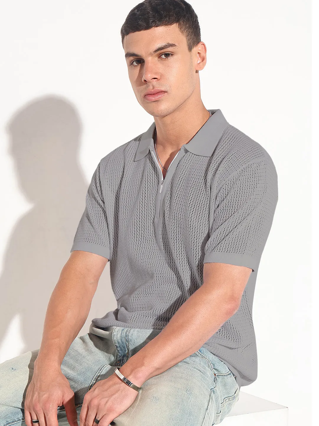 Men??s Textured Grey Short Sleeve Semi Sheer Polo T-Shirt with Zipper  Detail Lounge Gear
