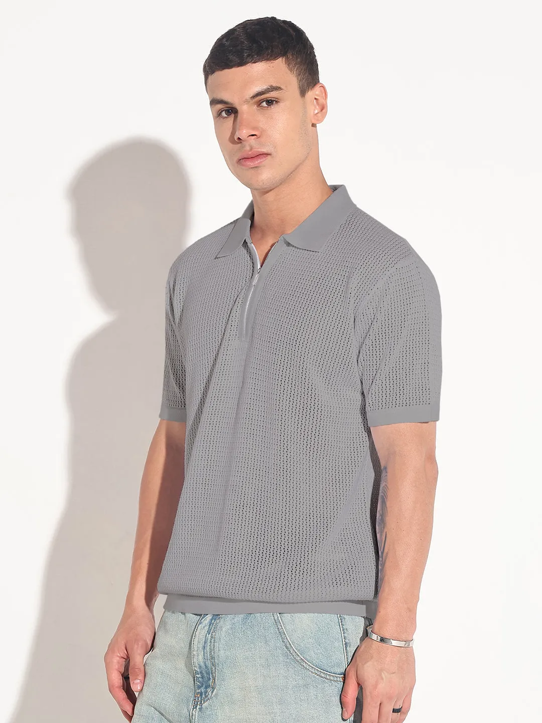 Men??s Textured Grey Short Sleeve Semi Sheer Polo T-Shirt with Zipper  Detail Sun Beam Sustainable Base