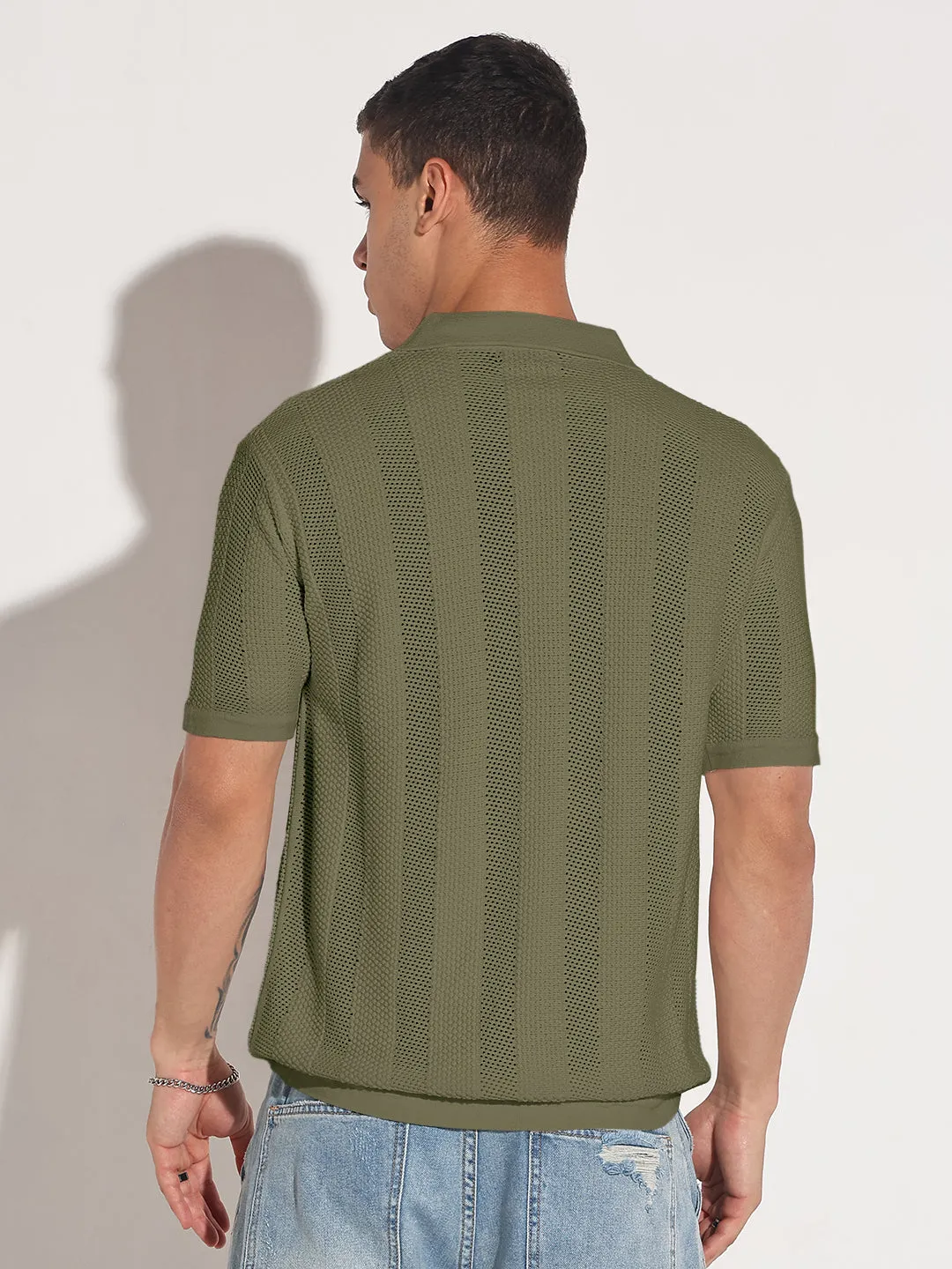 Men??s Textured Striped Green Knitted Short Sleeve Polo T-Shirt Lake Glow Teen Fresh