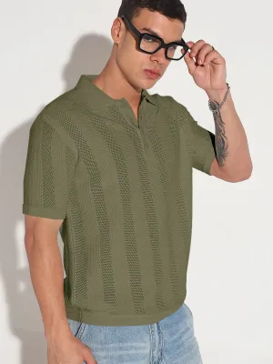 Sporty Gear Men??s Textured Striped Green Knitted Short Sleeve Polo T-Shirt