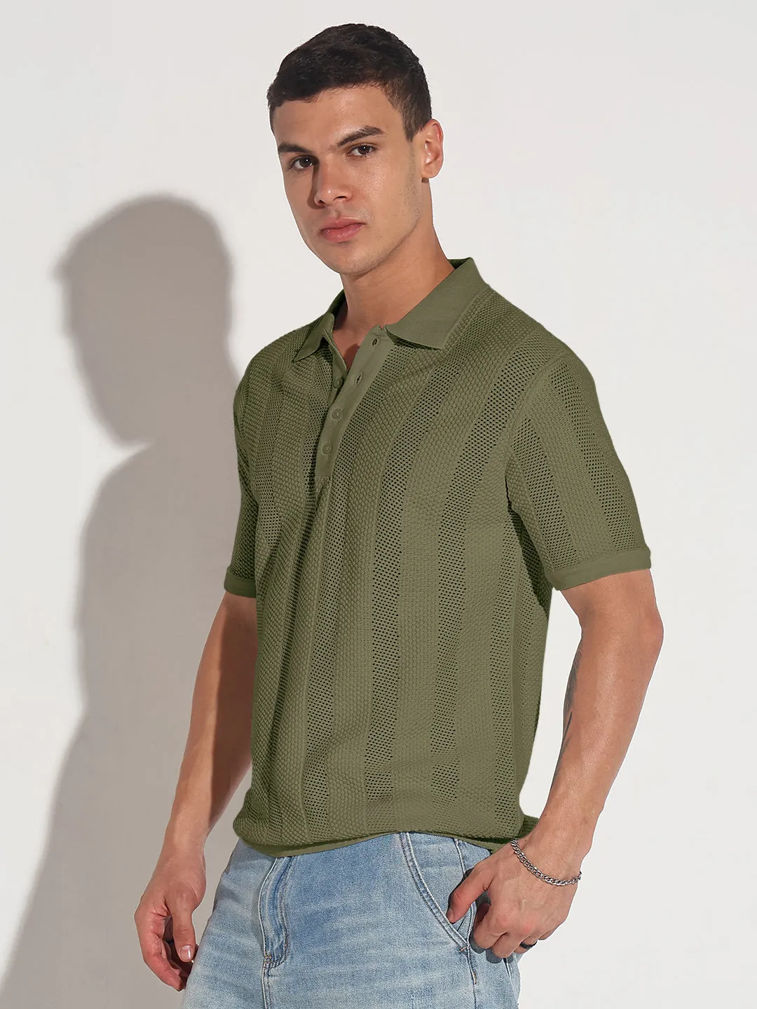 Hero Tale Lightweight Composite Men??s Textured Striped Green Knitted Short Sleeve Polo T-Shirt