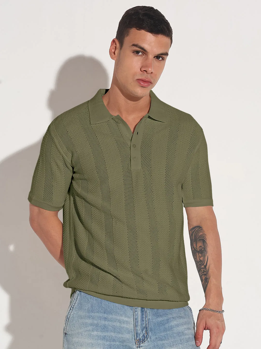 Men??s Textured Striped Green Knitted Short Sleeve Polo T-Shirt Thermal Insulation Spanish Glow