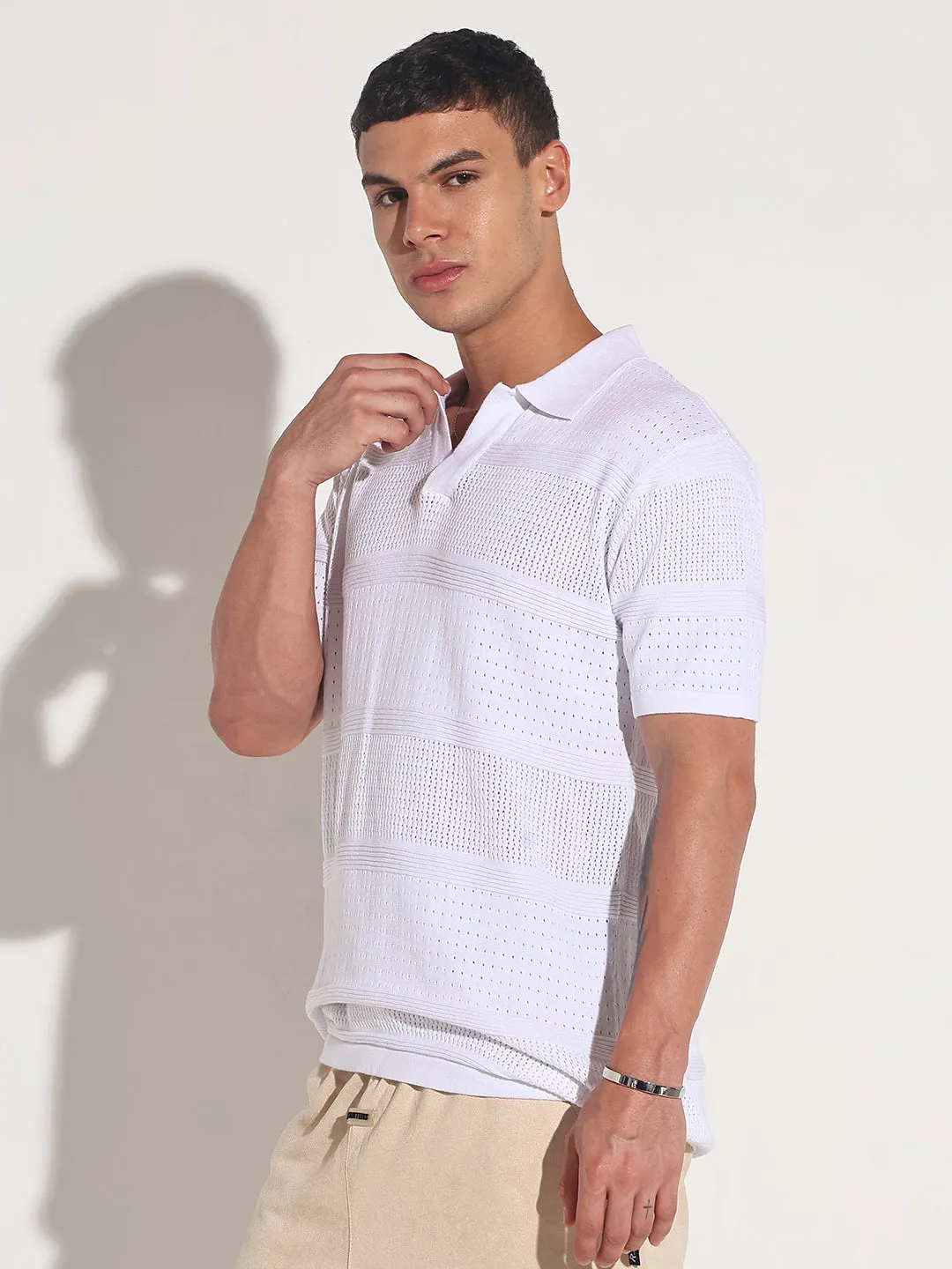 Pure Fit Men??s Textured Striped White Knitted Short Sleeve Polo T-Shirt